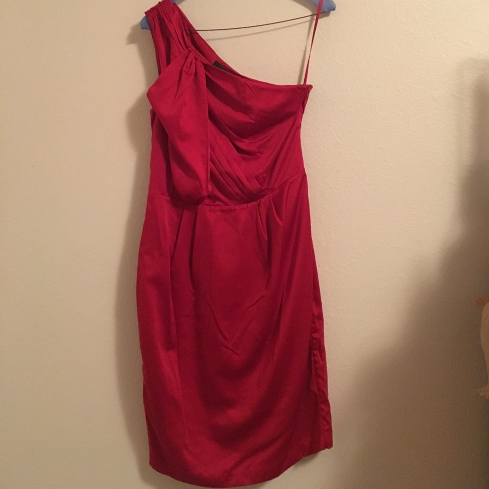 One shoulder red satin cocktail dress